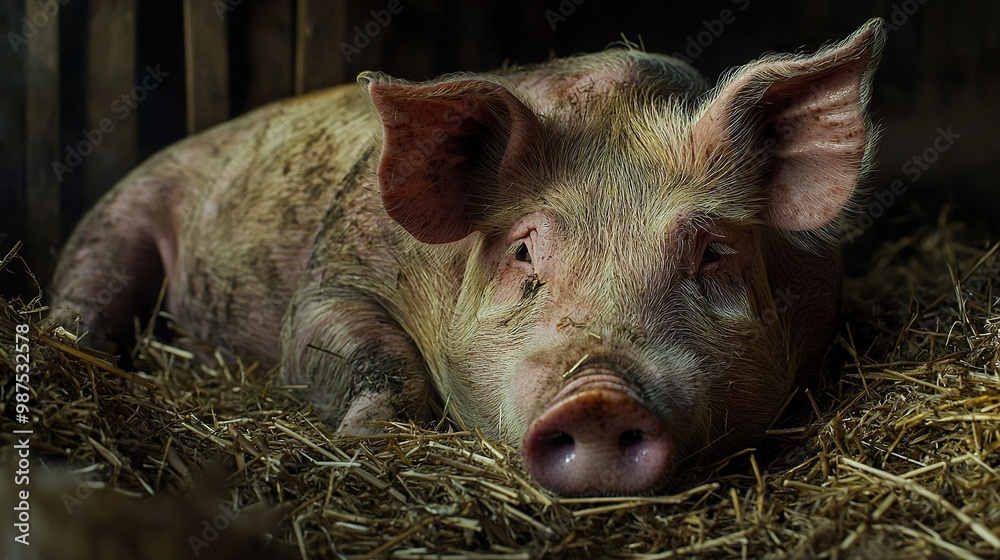 A pig lying on top of dry grass next to straw piles A pig lying on top of dry grass next to straw piles