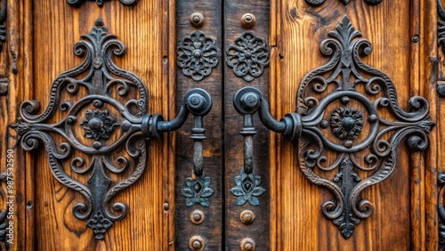 Elegant black metal door handles with ornate scrollwork on a weathered wooden double door