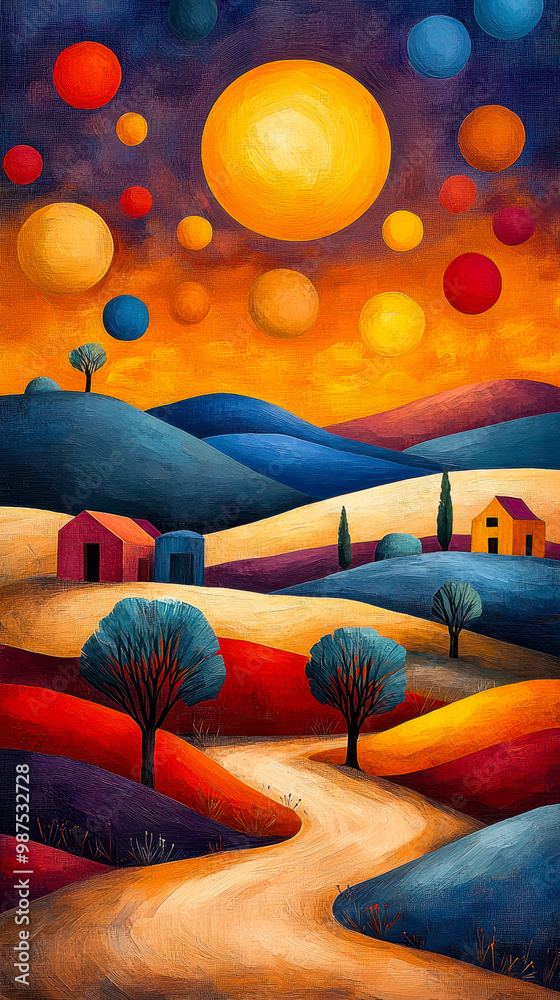 Fototapeta premium Colorful Cubist Landscape Illustration with African Sunset and Village Houses in Niger