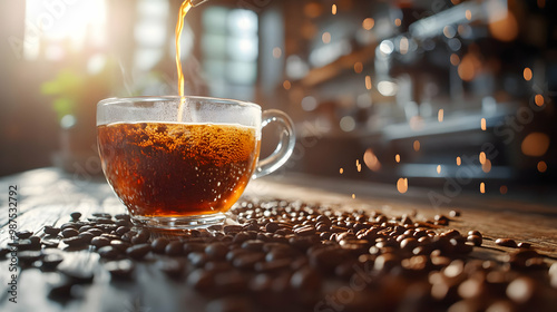 Freshly brewed coffee pouring into a transparent cup with scattered coffee beans on the wooden table. photo