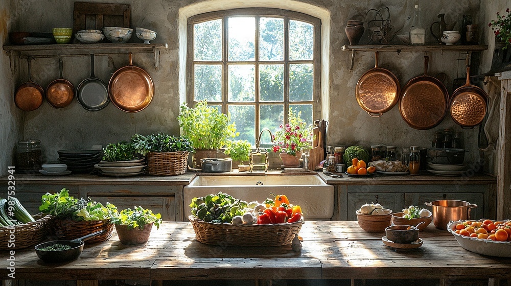 A well-equipped kitchen brimming with numerous pots and pans adjacent to a table laden with bowls of delectable cuisine A well-equipped kitchen brimming with numerous pots and pans adjacent to a table laden with bowls of delectable cuisine