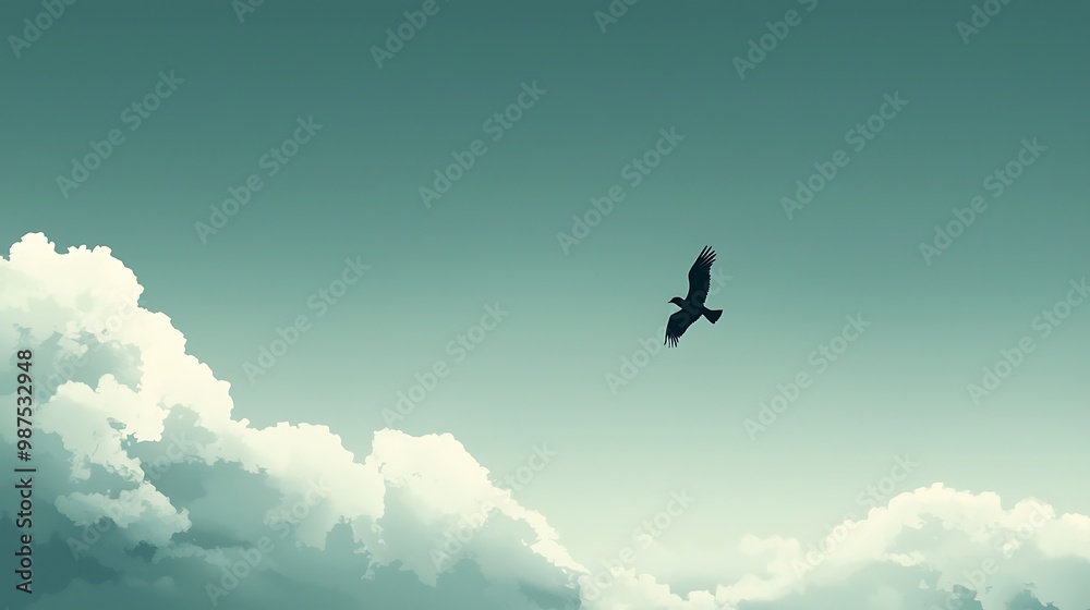 Solitary Flight - Minimalist Illustration of Lone Bird Soaring in Empty Sky Symbolizing Loneliness Solitary Flight - Minimalist Illustration of Lone Bird Soaring in Empty Sky Symbolizing Loneliness