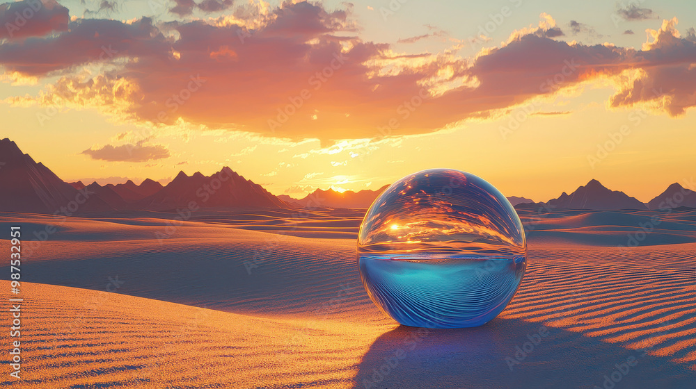 A mesmerizing image of a glass sphere reflecting a beautiful desert sunset. The serene landscape and the reflections create a captivating and tranquil visual experience. A mesmerizing image of a glass sphere reflecting a beautiful desert sunset. The serene landscape and the reflections create a captivating and tranquil visual experience.