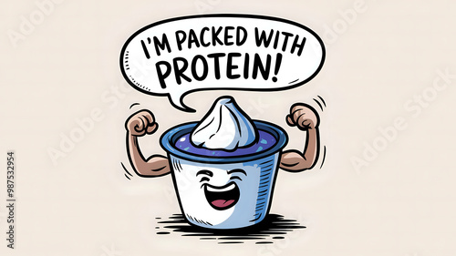 Cheerful yogurt cup flexing with protein message against neutral background 