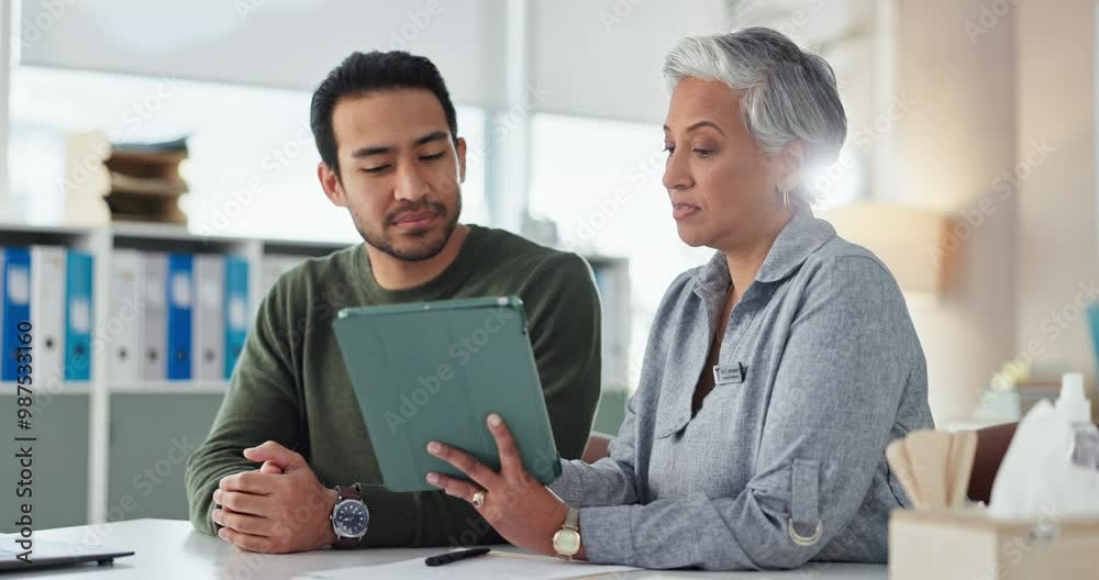 Doctor, patient man and tablet with clinic results, healthcare advice and digital info for medical care. Professional, consultation and tech for hospital, life insurance and planning with help