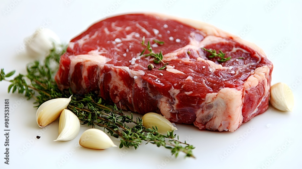 Raw ribeye steak with garlic and thyme ready for grilling. Raw ribeye steak with garlic and thyme ready for grilling.