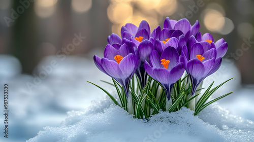 Colorful crocus flowers blooming in snow, symbolizing the arrival of spring amidst a tranquil, blurred woodland background. photo