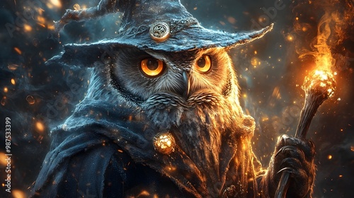 Majestic owl adorned in enchanted wizard s robes and pointed hat holding a powerful glowing staff casting spells in a mystical ethereal supernatural realm photo