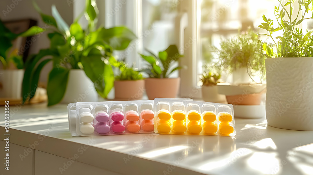 Colorful paint containers arranged on a desk with sunlight shining through plants, creating an inspiring artistic environment. Colorful paint containers arranged on a desk with sunlight shining through plants, creating an inspiring artistic environment.