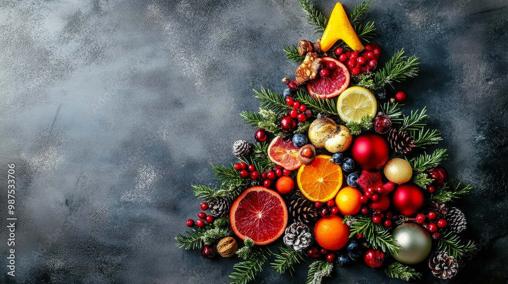 Holiday Christmas Tree Made from Festive Food Items on Concrete Background Featuring Fruits, Nuts, Conifer Branches, Ornaments, and Seasonal Decorations Holiday Christmas Tree Made from Festive Food Items on Concrete Background Featuring Fruits, Nuts, Conifer Branches, Ornaments, and Seasonal Decorations