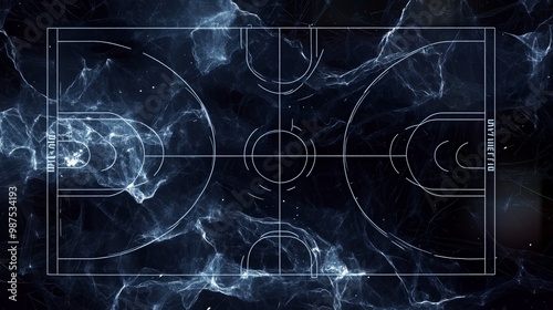 Dynamic basketball court layout in an energetic, abstract design.