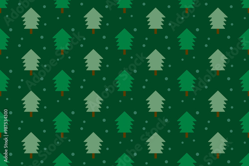 Christmas Tree Pattern Background With Falling Snow. Vector. New Year Celebration. Postcard Wallpaper