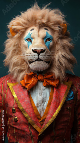 Anthropomorphic Lion Clown in Bright Costume with Colorful Face Paint Depicting Whimsy and Fantasy Theme photo