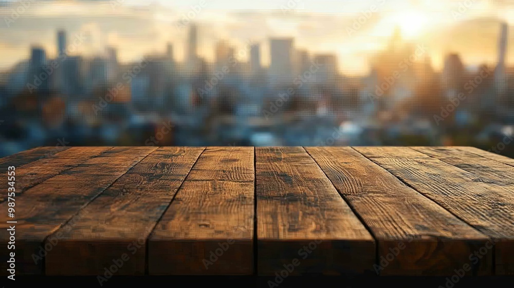 Wooden Tabletop with Blurred Cityscape Background Wooden Tabletop with Blurred Cityscape Background