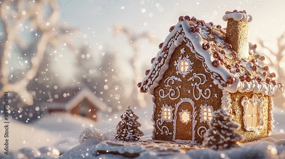 A gingerbread house, Christmas tree, and snow-covered trees form a picturesque scene in this close-up shot A gingerbread house, Christmas tree, and snow-covered trees form a picturesque scene in this close-up shot
