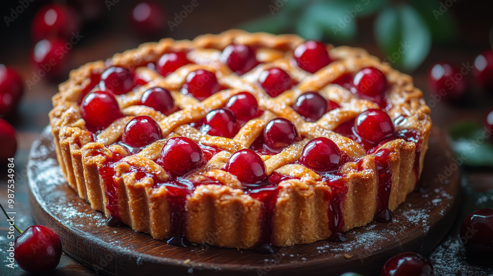 Homemade Cherry Pie with Golden Lattice Crust on Rustic Wooden Board Surrounded by Fresh Cherries - Perfect for Dessert Recipes and Baking Inspiration