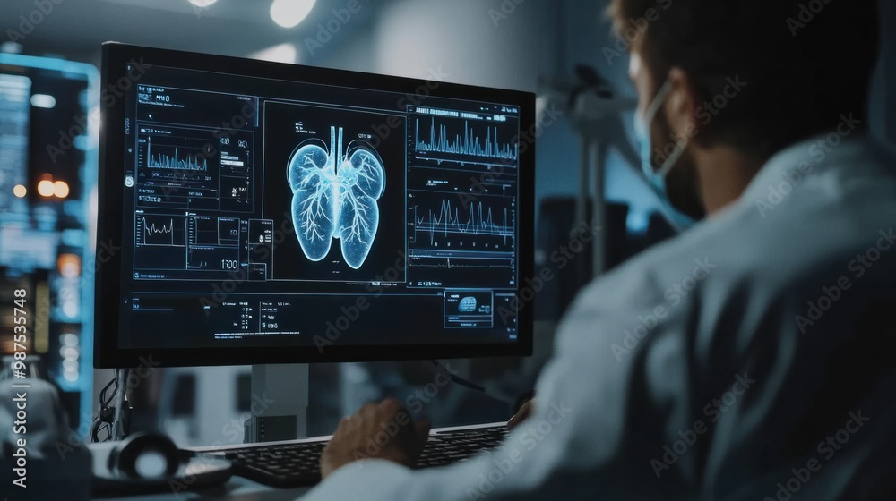 Doctor analyzing a patient's cardiovascular health using a digital heart monitoring system.