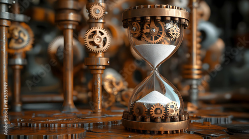 Intricate steampunk hourglass surrounded by gears and mechanical components, symbolizing time and technology. photo