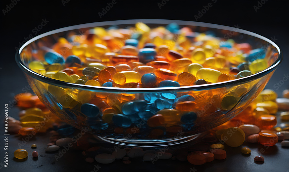 Bright composition of tablets in transparent dishes on a dark background. Bright composition of tablets in transparent dishes on a dark background.