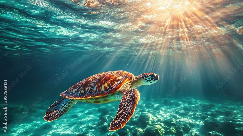 Fototapeta premium A turtle gracefully swims in the ocean, basking in the warm sunlight that illuminates its back Its head remains above the water's surface, taking in the