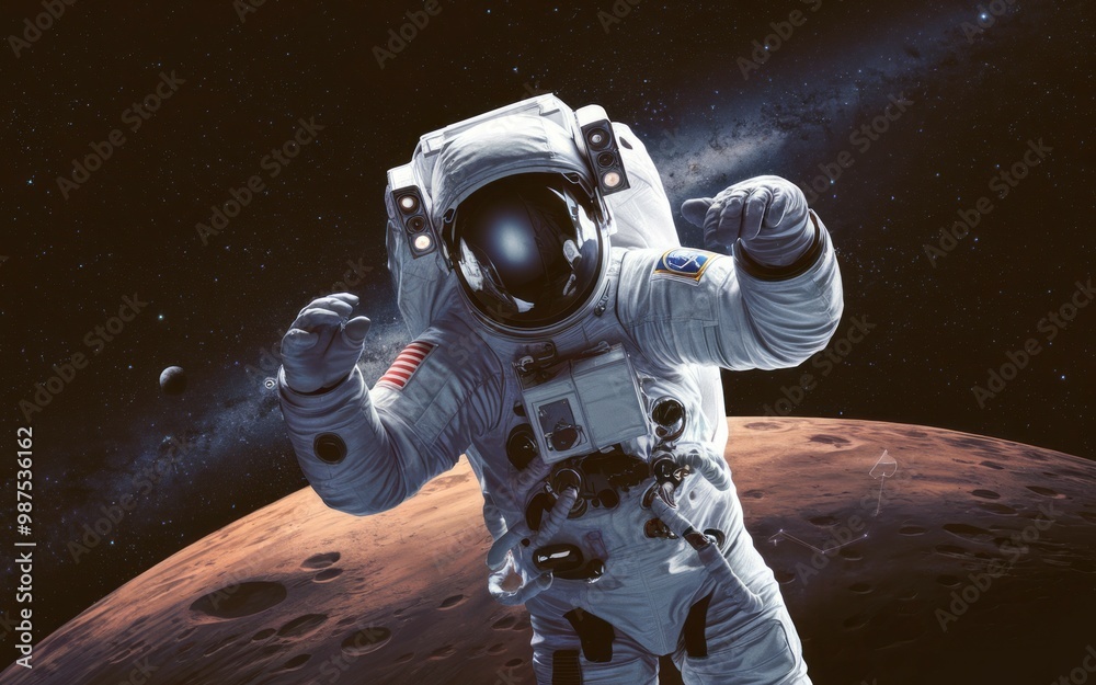 Fototapeta premium Astronaut space exploration. Astronaut in space suit floating in front of a red planet, exploring the vastness of the universe, symbolizing human curiosity and the search for new worlds.