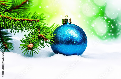 Blue Christmas ornament on a fir tree branch on a background of snow. A New Year's or Christmas card.