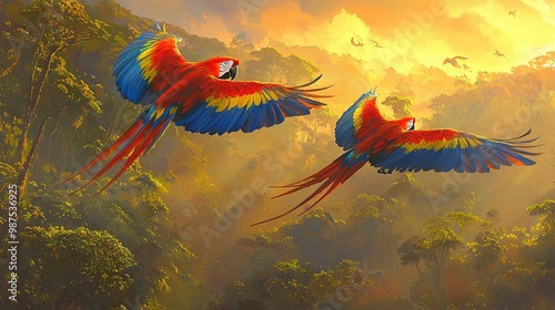   Two vibrant parrots soar over a lush forest, surrounded by trees and feathered friends in the sky photo