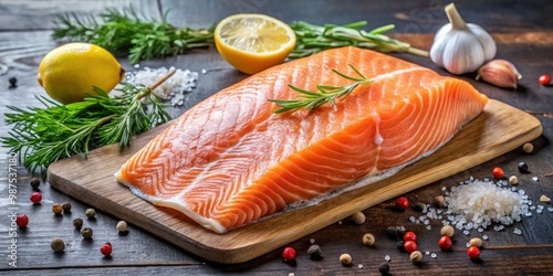 Fresh salmon fillet with scales and skin, awaiting preparation, its vibrant color and delicate flaky texture inviting the cook to bring out its culinary potential. photo