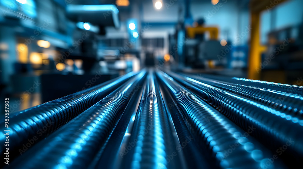 Close-up of metallic pipes in a factory, showcasing the intricate details and the blue-toned lighting for an industrial effect. Close-up of metallic pipes in a factory, showcasing the intricate details and the blue-toned lighting for an industrial effect.