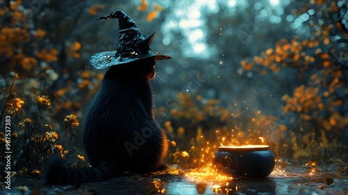 Witch s Cat Sitting by a Glowing Cauldron Conjuring a Mysterious Magical Potion in a Spooky Autumn Forest with Pumpkins Leaves and Eerie Atmosphere photo