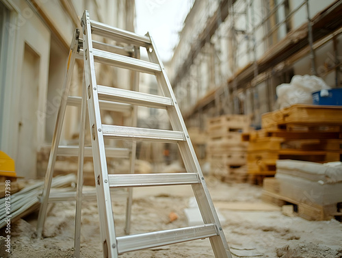 Wallpaper Mural Sturdy aluminum ladder positioned on a construction site with scaffolding and materials in the background. Torontodigital.ca