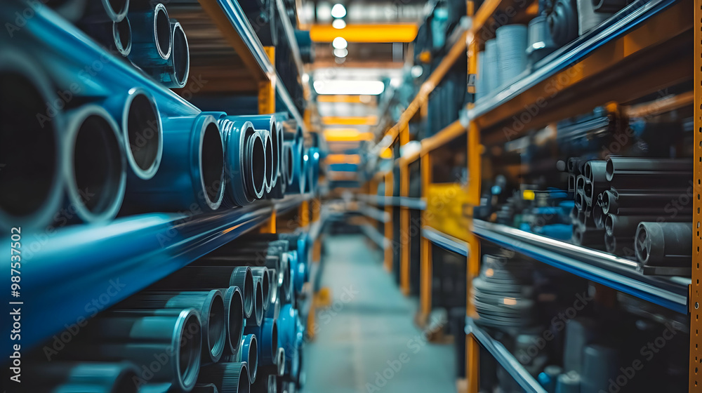A well-organized industrial warehouse with rows of metal pipes on shelves, showcasing storage efficiency and logistics management. A well-organized industrial warehouse with rows of metal pipes on shelves, showcasing storage efficiency and logistics management.