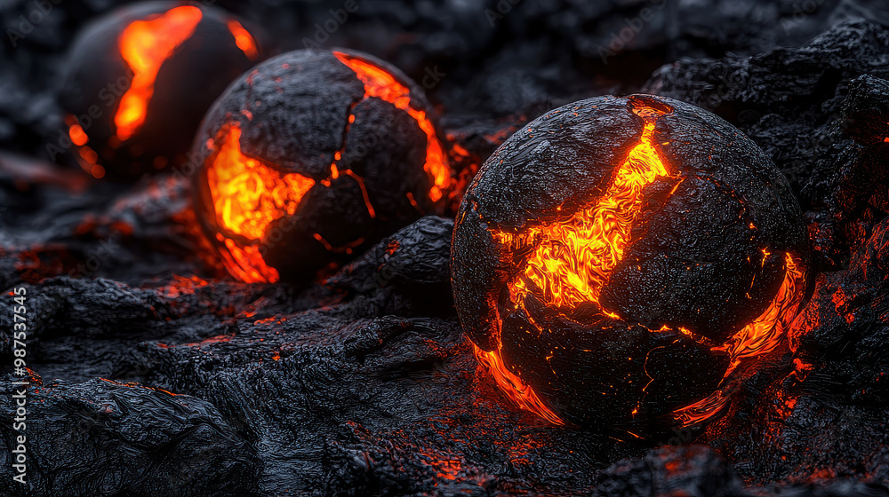 custom made wallpaper toronto digitalStriking image featuring glowing, molten lava spheres on a bed of cooling black volcanic rocks, symbolizing the intense power and volatile nature of volcanic activity.
