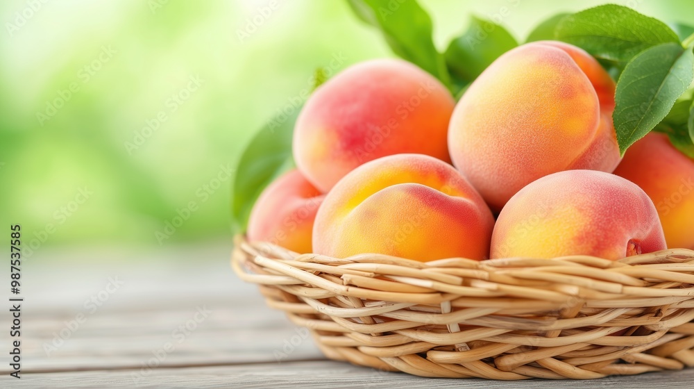 Close-up of a basket full of fresh peaches on a blurred green background. Banner with copy space. Close-up of a basket full of fresh peaches on a blurred green background. Banner with copy space.