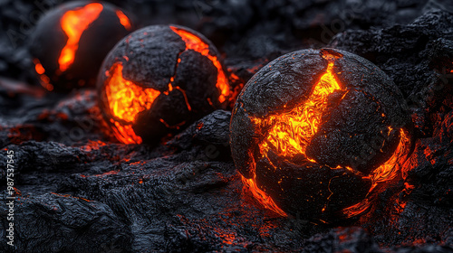 Wallpaper Mural Striking image featuring glowing, molten lava spheres on a bed of cooling black volcanic rocks, symbolizing the intense power and volatile nature of volcanic activity. Torontodigital.ca