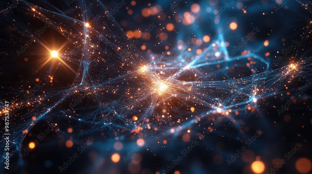 A glowing 3D abstract structure of interconnected metallic strands, softly rotating in a dark, infinite space. A glowing 3D abstract structure of interconnected metallic strands, softly rotating in a dark, infinite space.