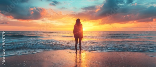 Silhouetted woman stands on a beach facing the horizon as the sun rises embracing a new day and the opportunities it brings  The peaceful scene evokes a sense of tranquility reflection