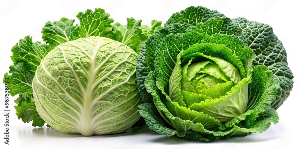 Fototapeta premium Green and leafy vegetables, cabbage with tightly packed leaves and lettuce with loose layers, visually harmonious on a sleek white background.