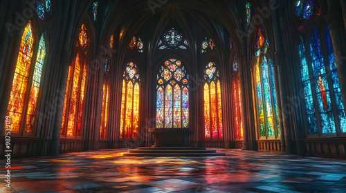 A stunning interior of a cathedral adorned with colorful stained glass windows casting vibrant light on the stone floor.