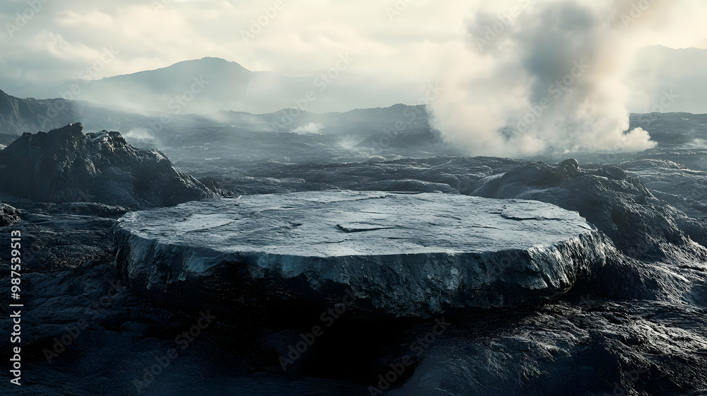 A surreal, flat rocky plateau amidst misty volcanic terrain, surrounded by ethereal smoke and distant mountains. A surreal, flat rocky plateau amidst misty volcanic terrain, surrounded by ethereal smoke and distant mountains.