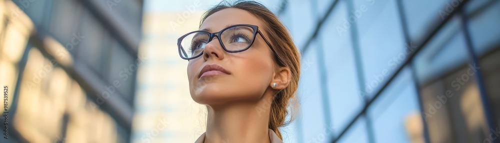 Confident Woman with Glasses Looking Upward in Urban Setting Confident Woman with Glasses Looking Upward in Urban Setting