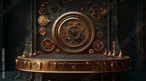 A metallic gear structure featuring intricate clockwork mechanics, exuding a steampunk aesthetic with golden hues and a richly detailed background. photo