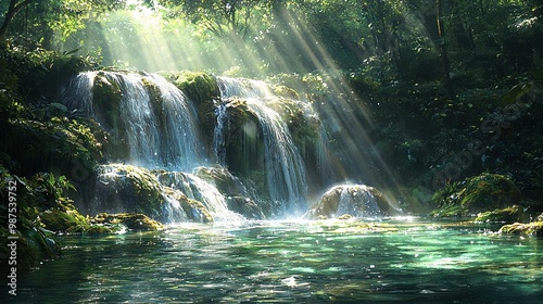  A waterfall, lush green forest, and bright sunlight illuminate its waters