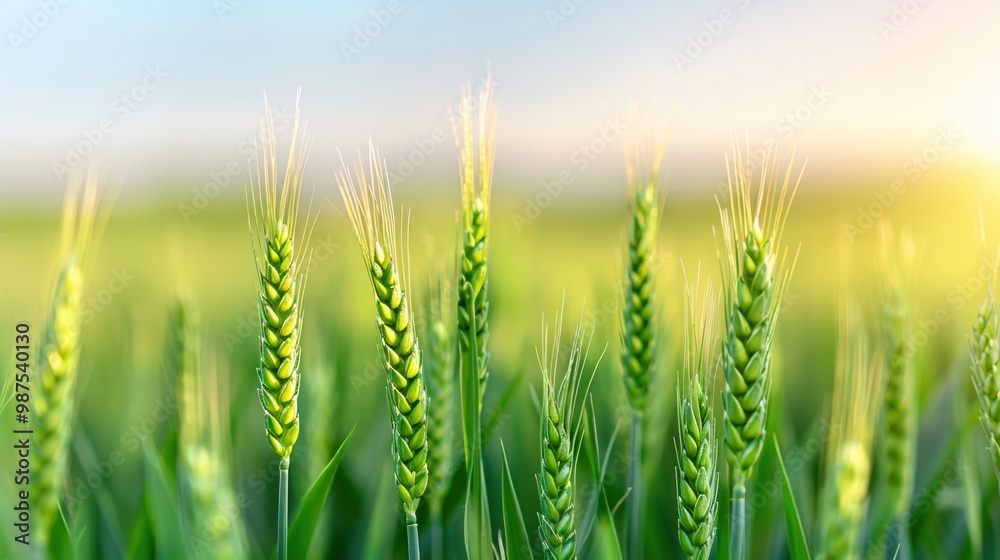 Beautiful green wheat field with sun rays, nature and agricultural concept. The sun shines on the background.