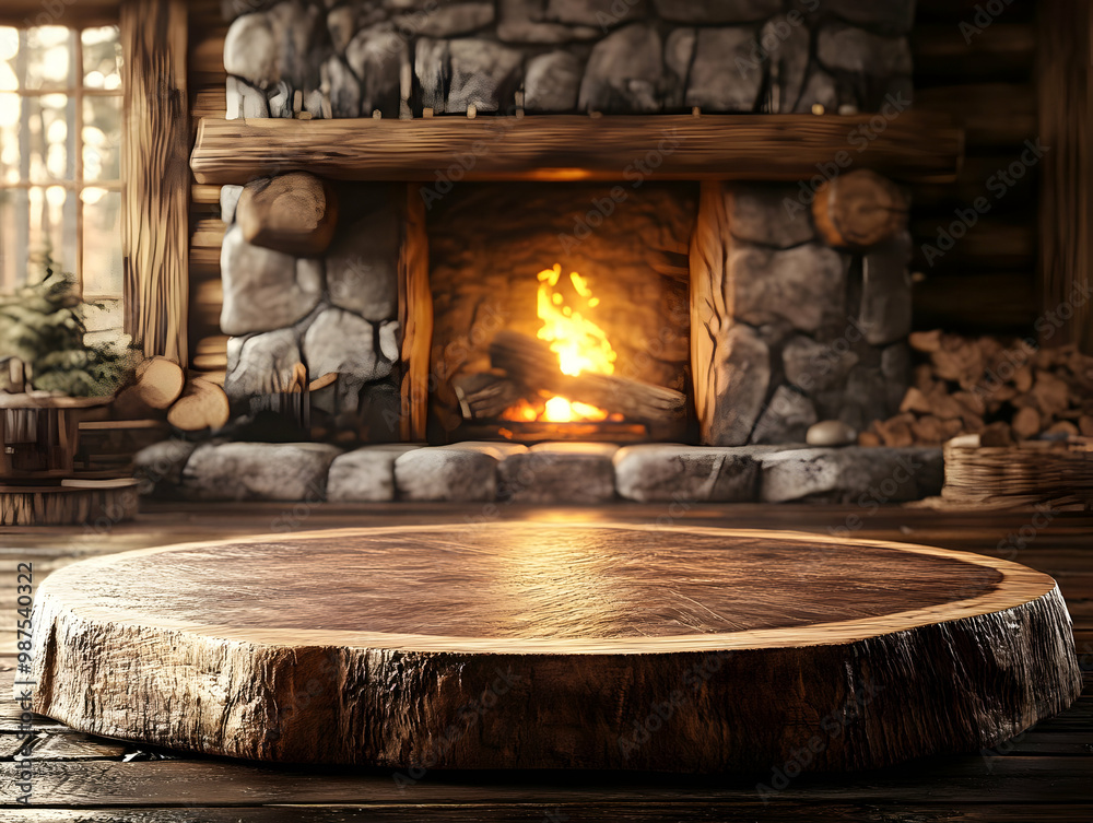 Cozy rustic setting with a wooden round table in front of a warm fireplace, ideal for home decoration or storytelling. Cozy rustic setting with a wooden round table in front of a warm fireplace, ideal for home decoration or storytelling.