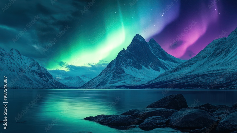 Breathtaking Northern Lights Over Snowy Mountains and Lake - Fantasy ...