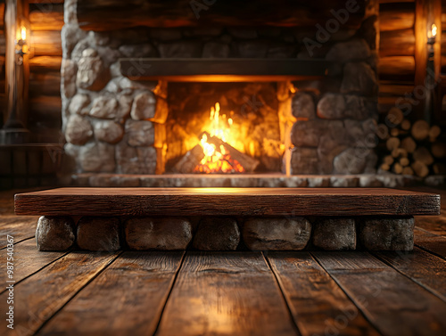 Cozy wooden interior with a fireplace, warm flames flickering in a rustic retreat. photo