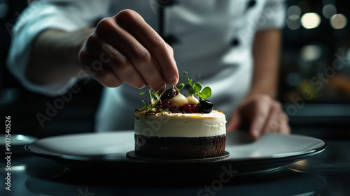 Close-Up of Professional Confectioner in Chef Jacket Preparing Luxury Tasty Dessert for Customers