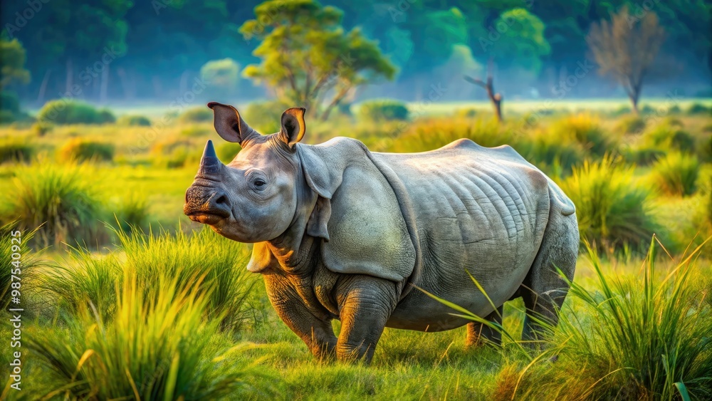Fototapeta premium In the heart of Kaziranga National Park, diverse wildlife flourishes, illustrating a vibrant ecosystem where various animal species coexist in their natural surroundings.