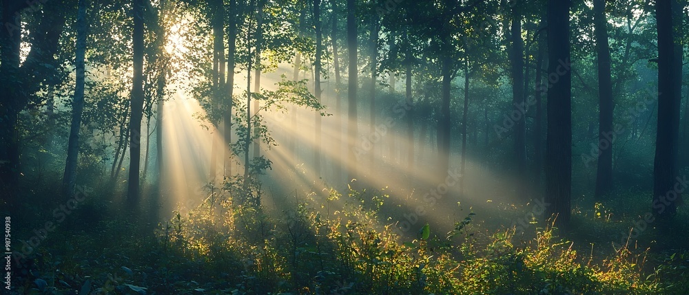 Bright morning light streaming through a dense verdant forest creating a magical and serene atmosphere that symbolizes the promise of a new day and the rejuvenation of nature Bright morning light streaming through a dense verdant forest creating a magical and serene atmosphere that symbolizes the promise of a new day and the rejuvenation of nature